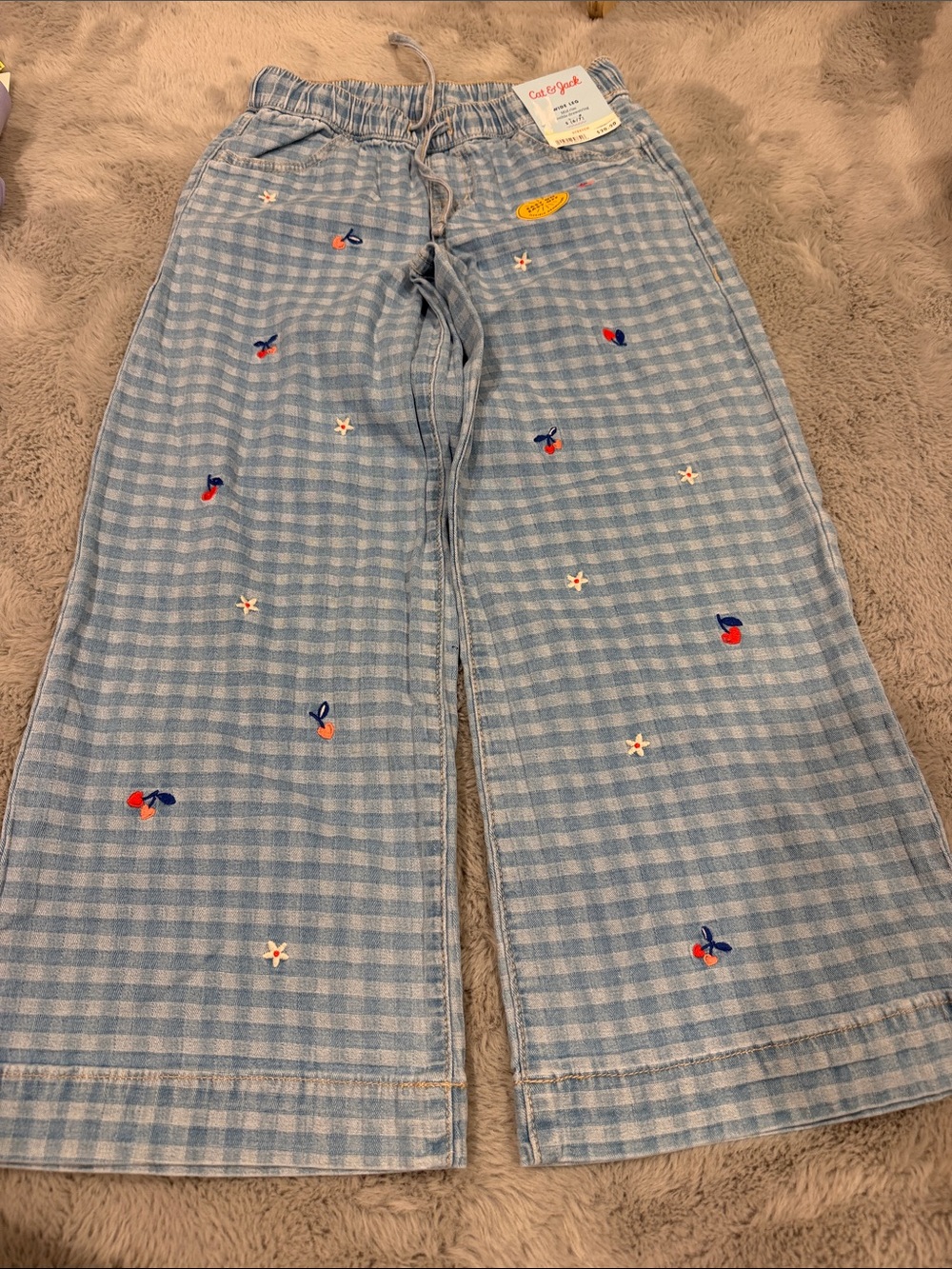 Cat & Jack Light Blue Gingham Jean Joggers with Cherry Embroidery 6/7